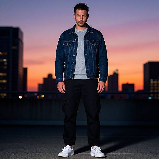 Photograph of a bearded man with short dark hair, wearing a denim jacket, gray tee, black pants, and white sneakers, standing on a