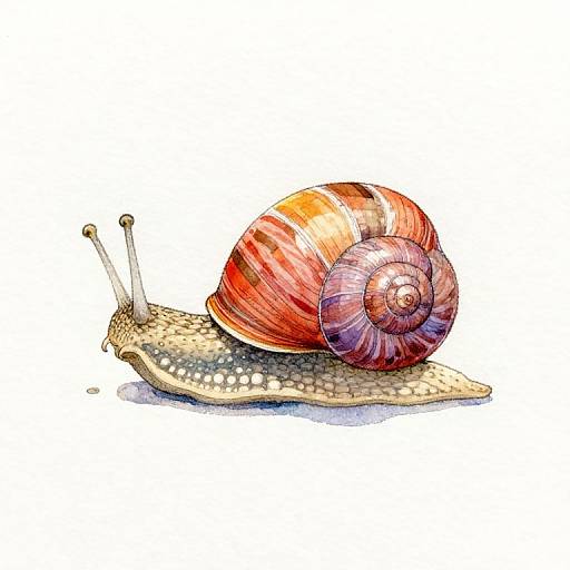Watercolor illustration of a red and orange striped snail with detailed textures on its shell and body, moving on a white background.