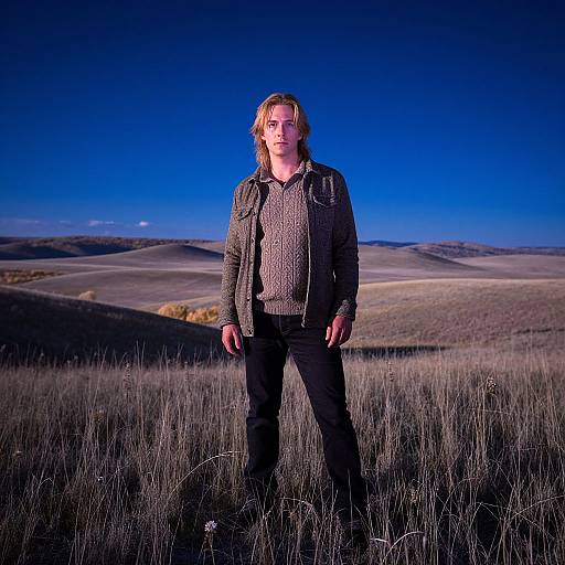 Photograph of a blond man with glasses standing in a grassy field, wearing a gray sweater and black jacket, under a vivid blue sky with rolling