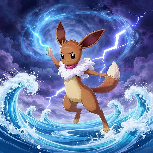 Digital illustration of an electric Eevee with large ears, white fur collar, and brown fur, mid-leap over swirling blue water, surrounded by