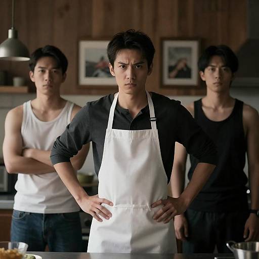 Three Men in Dimly Lit Kitchen
