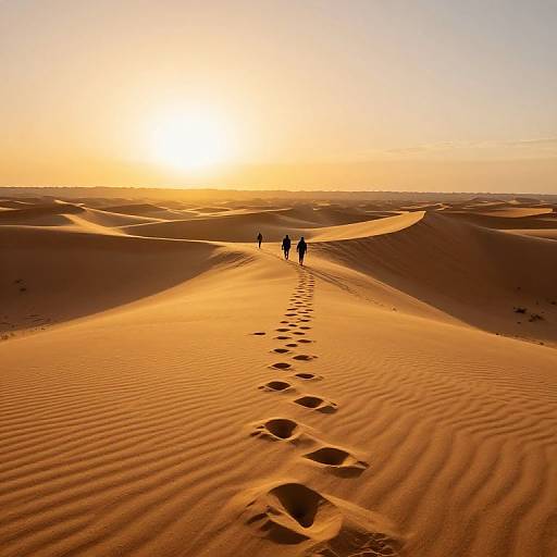 Photograph of three silhouetted figures walking on a golden desert sand dune path during a bright sunset, with footprints leading to the horizon