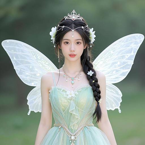 Photograph of an Asian woman with pale skin, black braided hair, wearing a silver tiara, white fairy wings, and a light blue,