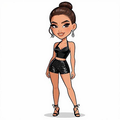 Digital cartoon of a stylish woman with a high bun, black sequin crop top, shorts, and high heels, standing confidently.