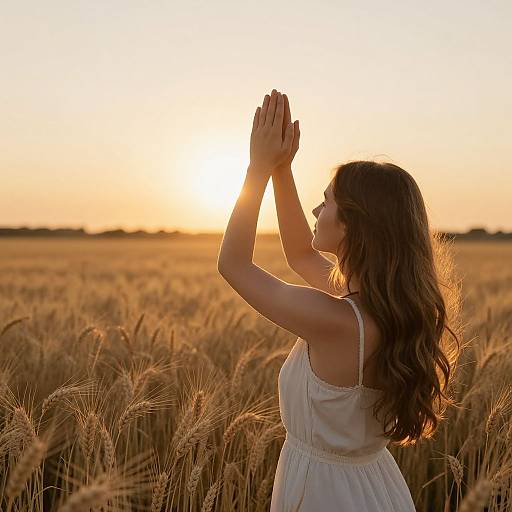 Photograph of a woman with long wavy brown hair in a white sundress, praying in a golden wheat field at sunset.