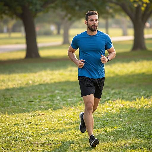 Photograph of a muscular, bearded man with short dark hair, wearing a blue t-shirt, black shorts, and black sneakers, running in a
