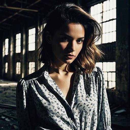 Fashion Model with Off-Center Part Hairstyle in Abandoned Warehouse