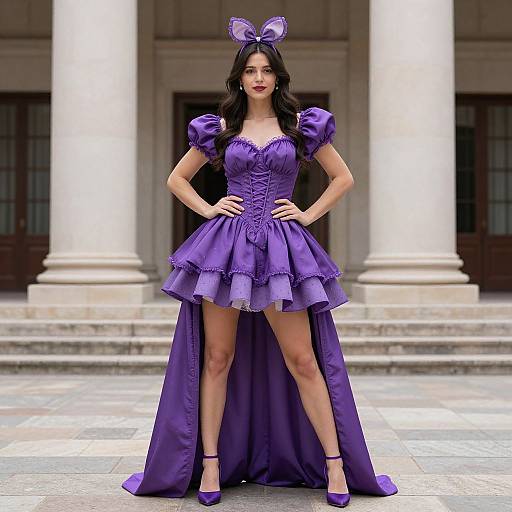 Photograph of a woman in a purple, fairy-tale inspired dress with puffed sleeves, bow headpiece, and long train, standing confidently in