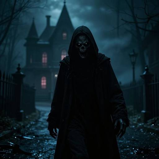 Photograph: Creepy hooded figure with skeletal face stands in dark, blue-lit, foggy street, eerie gothic house with lit windows