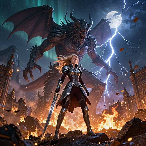 Digital fantasy artwork: Brave armored woman with sword stands defiantly before massive dragon under lightning-filled sky, amidst fiery city ruins.