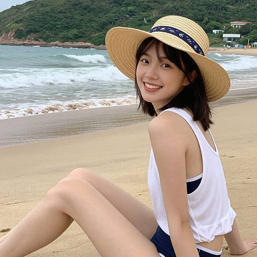 Photograph of a smiling Asian woman with black hair, wearing a white tank top, black shorts, and straw hat, seated on a sandy beach with