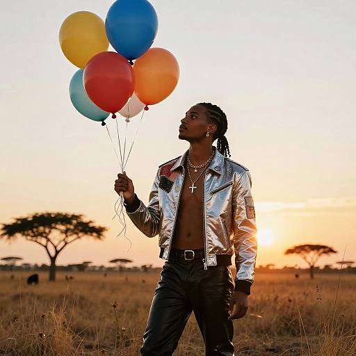Photograph: Silhouetted Black man with dreadlocks, silver jacket, and necklace, holding colorful balloons, stands in sunlit savanna at