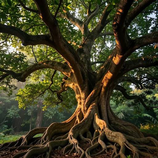 Photograph of a massive, ancient tree with sprawling, twisted roots and dense, green foliage illuminated by sunlight in a forest clearing.