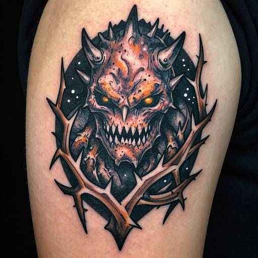 Vivid, detailed tattoo of a fierce, horned demon with glowing orange eyes and sharp teeth, surrounded by dark, spiked branches on a human calf