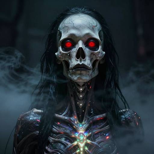 Digital art of a skeletal figure with glowing red eyes, long black hair, and a futuristic, glowing cross necklace, set against a dark, smoky