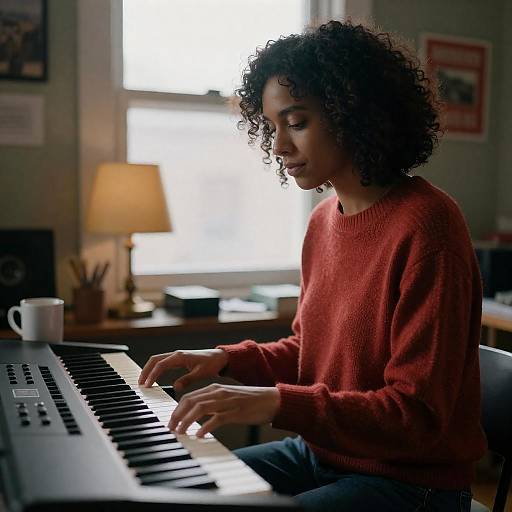 Curly Woman Playing Keyboard in Sunlight