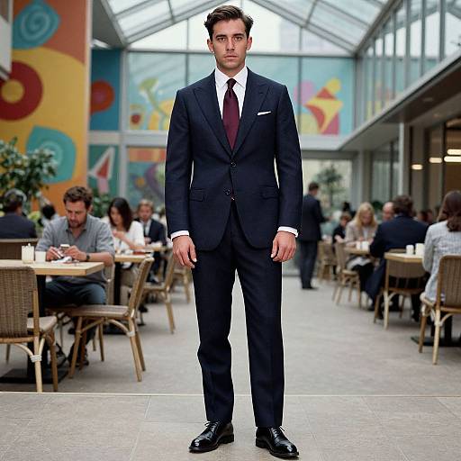 Photograph of a tall, handsome man in a dark navy suit, white shirt, and maroon tie, standing in a modern, sunlit atr
