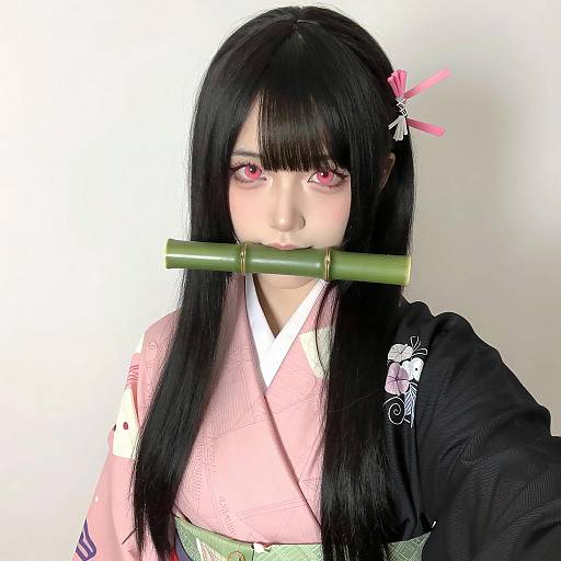 Woman in Pink Kimono with Bamboo Stick