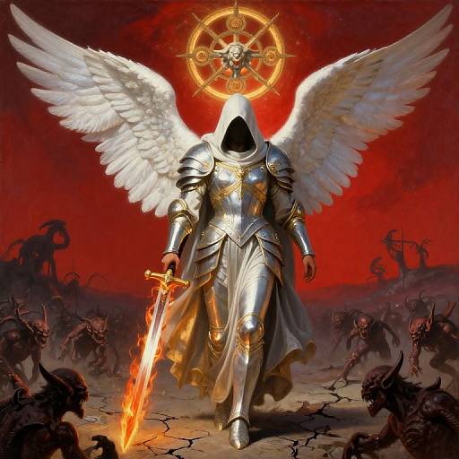 Digital art: Angelic armored warrior with white wings and hooded helmet, holding flaming sword, stands dominant against red, demon-filled background. Glowing