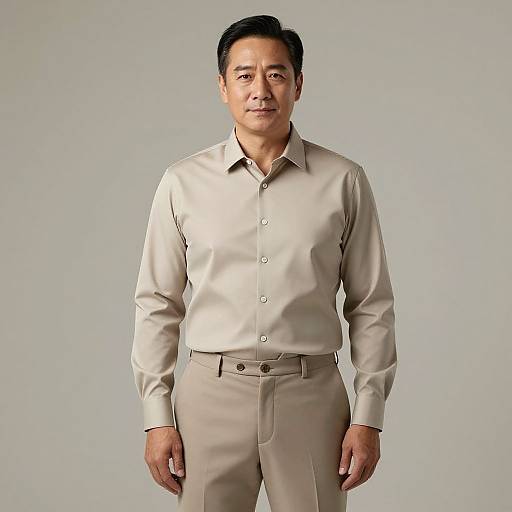 Photograph of an Asian man with short black hair, wearing a beige button-up shirt and matching trousers, standing against a plain gray background.
