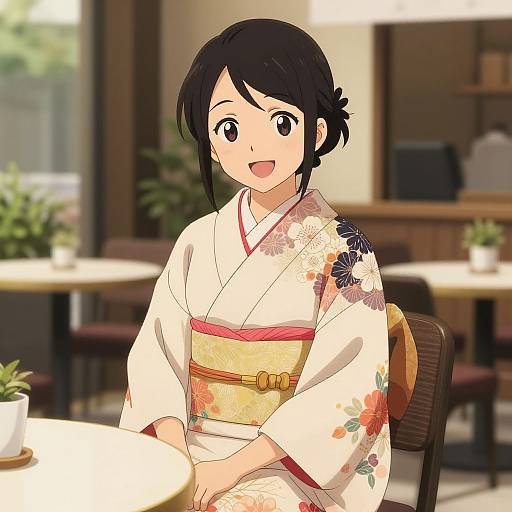 Digital anime-style drawing of a smiling young woman in a white floral kimono with pink trim, seated in a bright, sunlit Japanese restaurant.