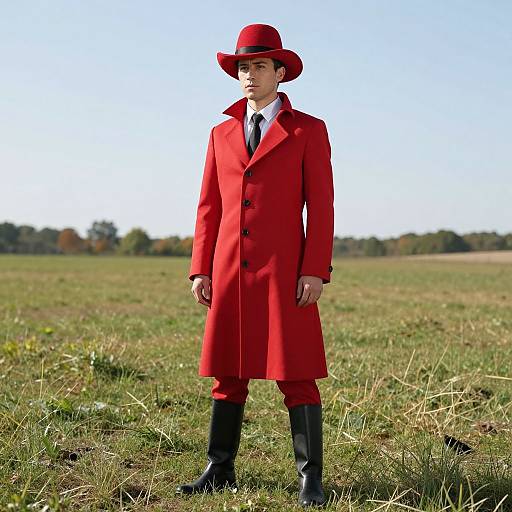 Photograph of a young man standing in a grassy field, wearing a bright red long coat, black pants, black boots, white shirt, black