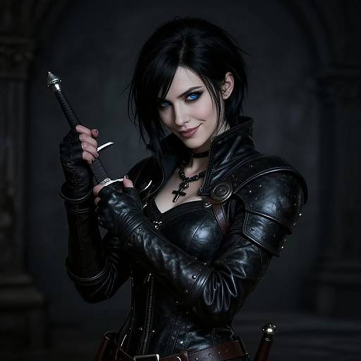Digital artwork of a pale-skinned, black-haired woman with blue eyes, wearing a black leather corset and gloves, holding a whip, smiling confidently