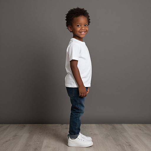 Photograph of a smiling young Black boy with curly hair, wearing a white t-shirt, blue jeans, and white sneakers, standing against a gray background