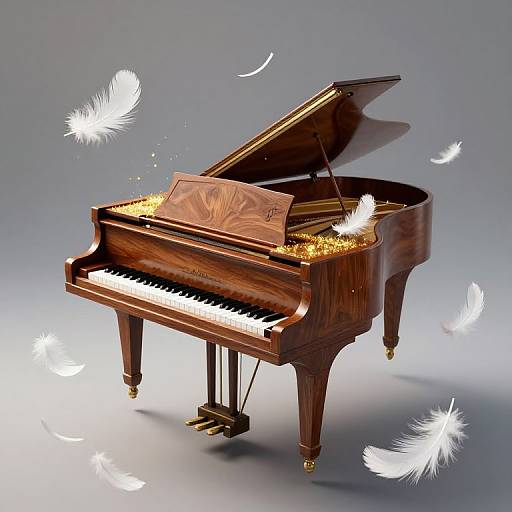 Photorealistic digital art of a wooden grand piano with glowing golden keys, surrounded by floating white feathers, against a gradient gray background.
