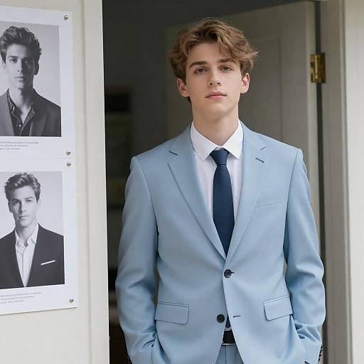 Young Man in Blue Suit by Doorway