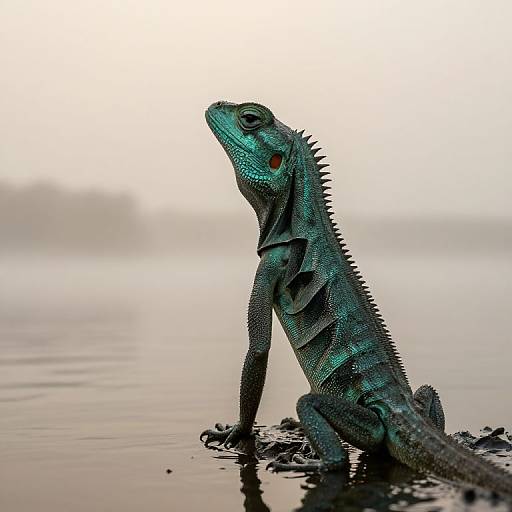 Photograph of a green iguana with blue highlights, sitting in shallow water, looking upward, with a blurred, misty background.