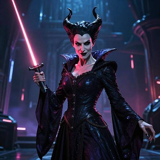 CGI image of a dark, horned sorceress in a black, textured gown holding a glowing red lightsaber in a futuristic, dimly