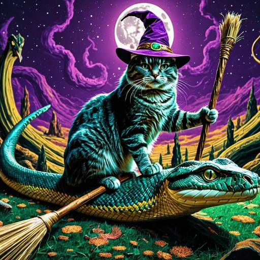 Wizard Cat Riding Giant Snake in Psychedelic Fantasy