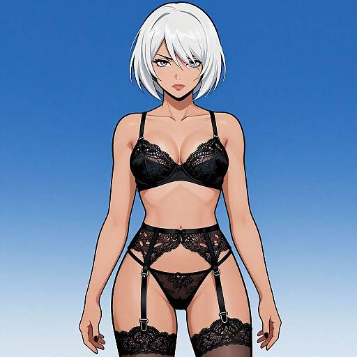 Digital anime-style drawing of a white-haired woman with blue eyes, wearing black lace lingerie and garter belt, against a gradient blue background.