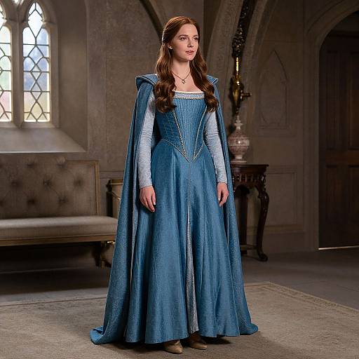 Photograph of a fair-skinned woman with long brown hair in a blue medieval gown with long sleeves, standing in a dimly lit, medieval-style