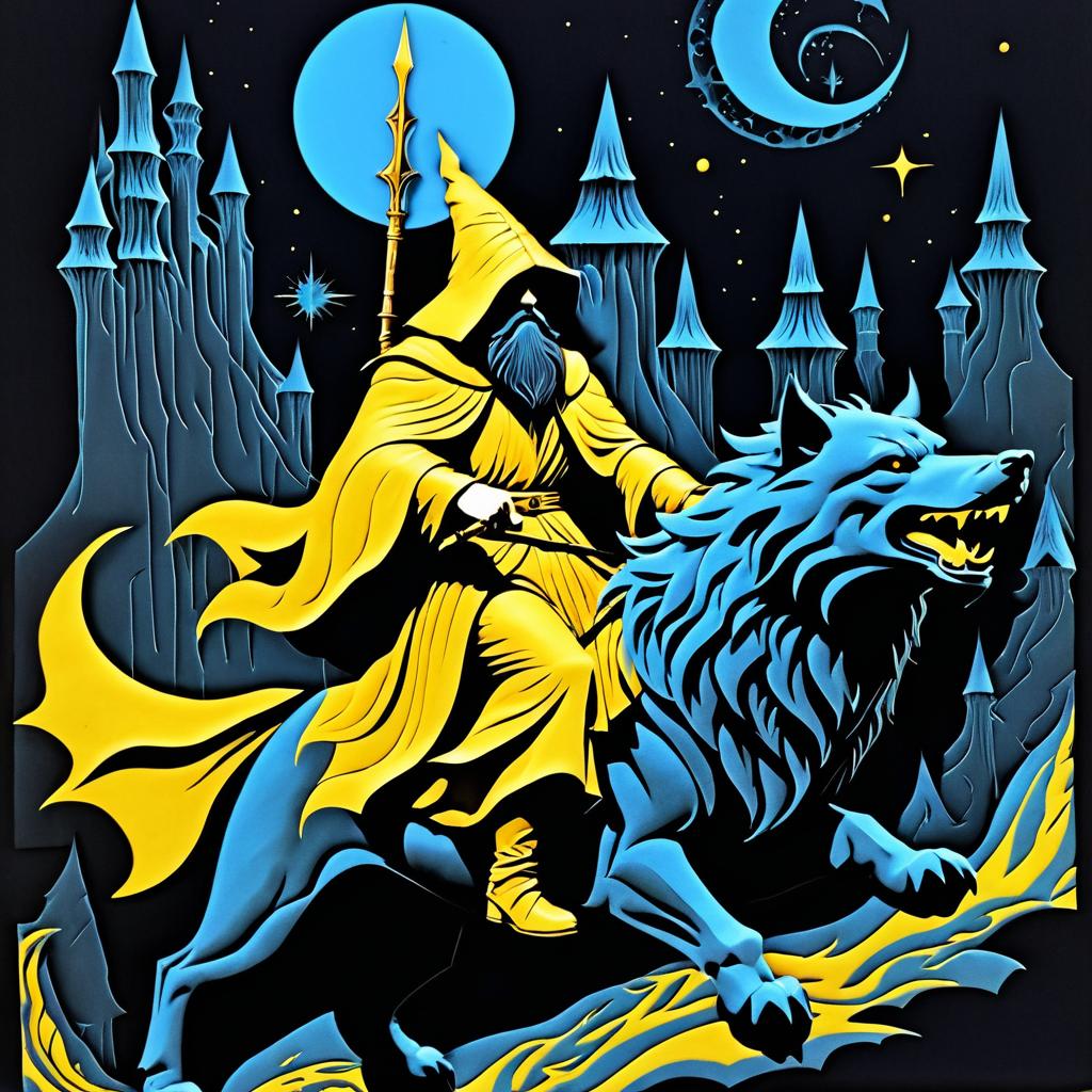 1970s Dark Fantasy Wizard on Wolf