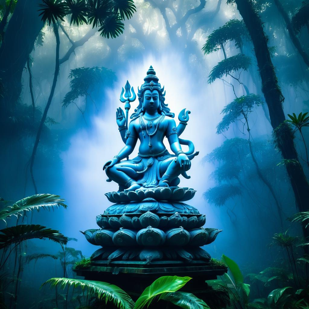 Ancient Shiva Statue in Misty Jungle