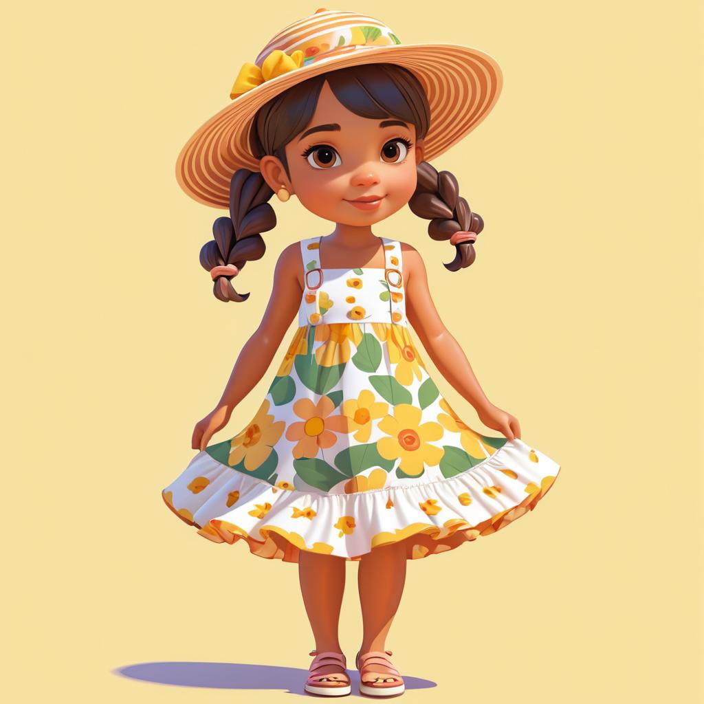 Bright Cartoon Girl in Floral Dress