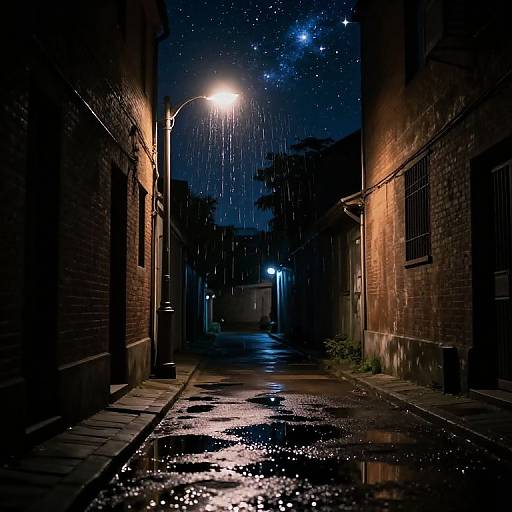 Photograph of a dimly lit, rain-soaked alley at night, with a bright streetlamp illuminating wet cobblestone path, starry