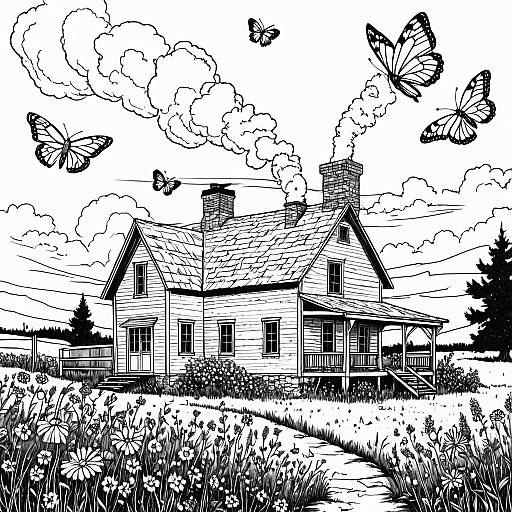 Rustic Country Farmhouse Coloring Page