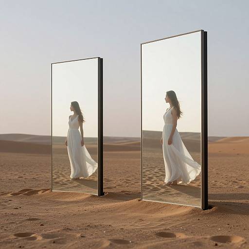 Photograph of a woman in a flowing white dress standing in a desert, reflected in two adjacent, backlit glass panels.