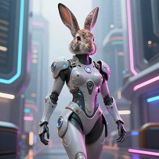 CGI image of a humanoid rabbit in a futuristic, neon-lit city, wearing a white, robotic exoskeleton with glowing blue accents.
