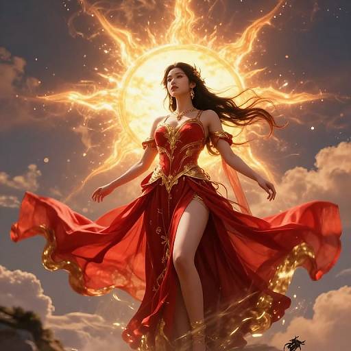 Digital artwork of a radiant woman with long black hair, wearing a flowing red dress with gold trim, surrounded by a blazing sunburst sky.