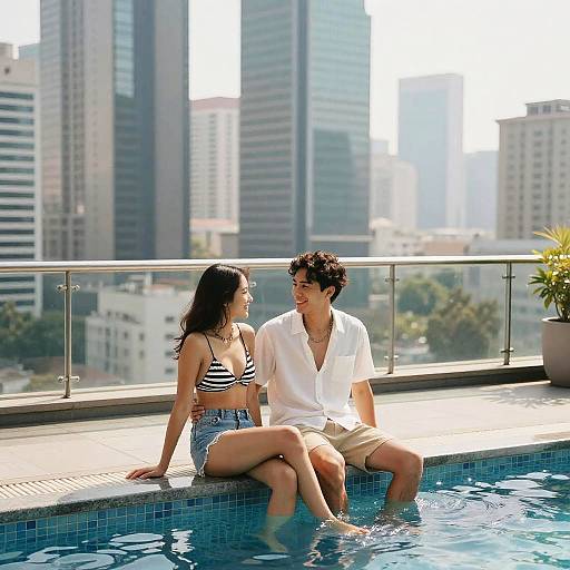 Stylish Couple at Rooftop Pool