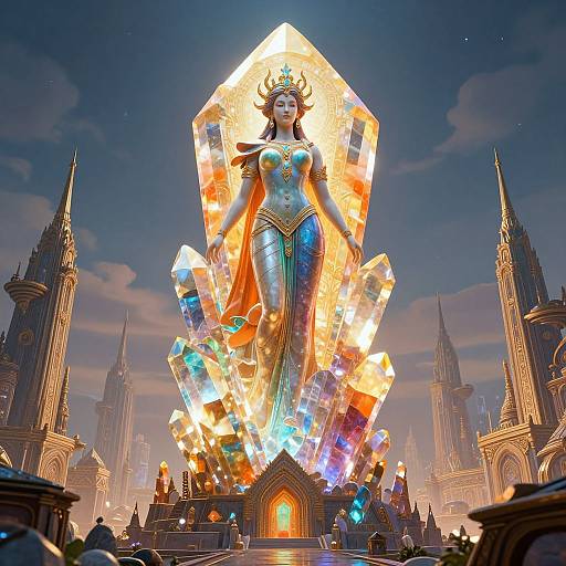 Digital art: Giant, glowing, crystal-encrusted queen with golden crown, wearing ornate blue dress, stands in front of a gothic