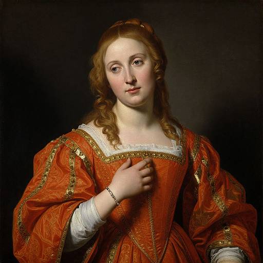 Renaissance portrait of a fair-skinned woman with curly red hair, wearing an ornate, red velvet dress with gold trim, white lace collar