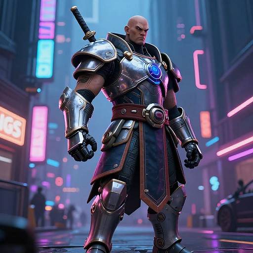 CGI image of a bald, muscular man in futuristic, silver armor with a glowing blue chest emblem, standing in a neon-lit, cyberpunk