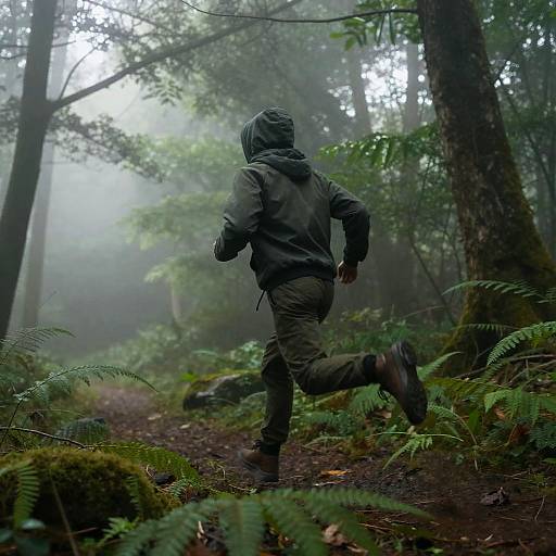Photograph of a person in a green hooded jacket and camouflage pants running through a misty, dense forest with ferns and trees.