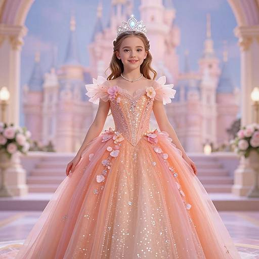 Photograph of a young girl in a sparkling pink princess gown with floral accents, tiara, and pearl necklace, standing in a brightly lit, orn