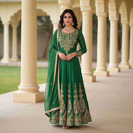 Photograph of a South Asian woman with dark hair, wearing an elegant green traditional lehenga with gold embroidery, standing in a beige-pillared courtyard with